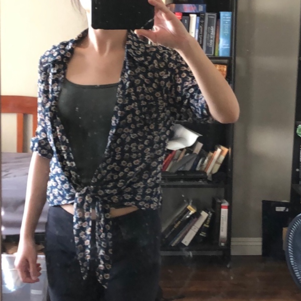 Anthropologie Mine Blue Floral Button Tie Blouse